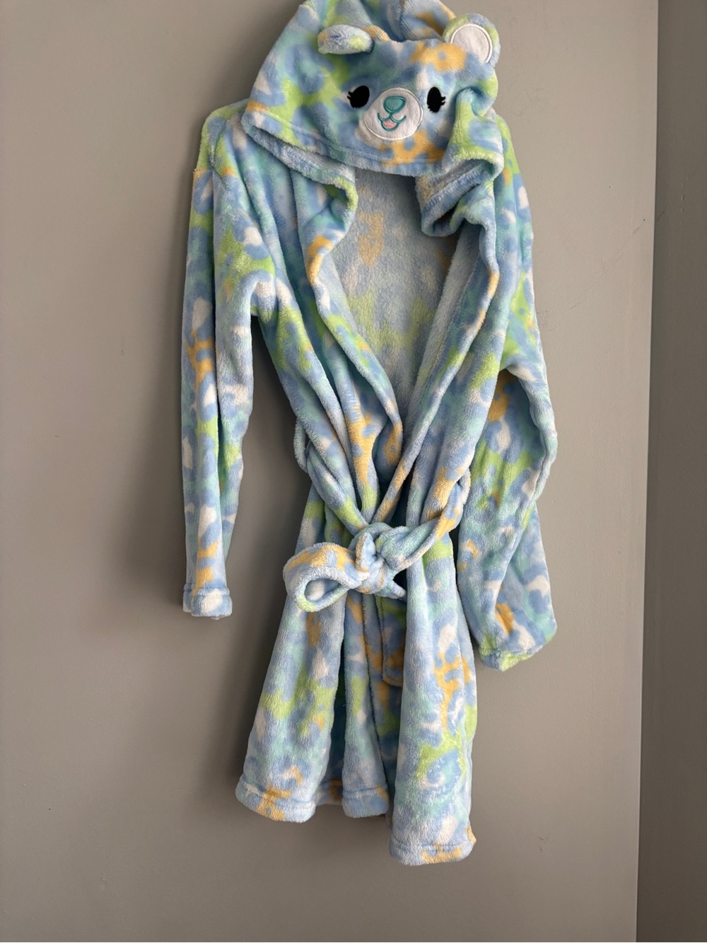 Squishmallows Pastel Blue Bear Hooded Robe with Yellow & Green Accents